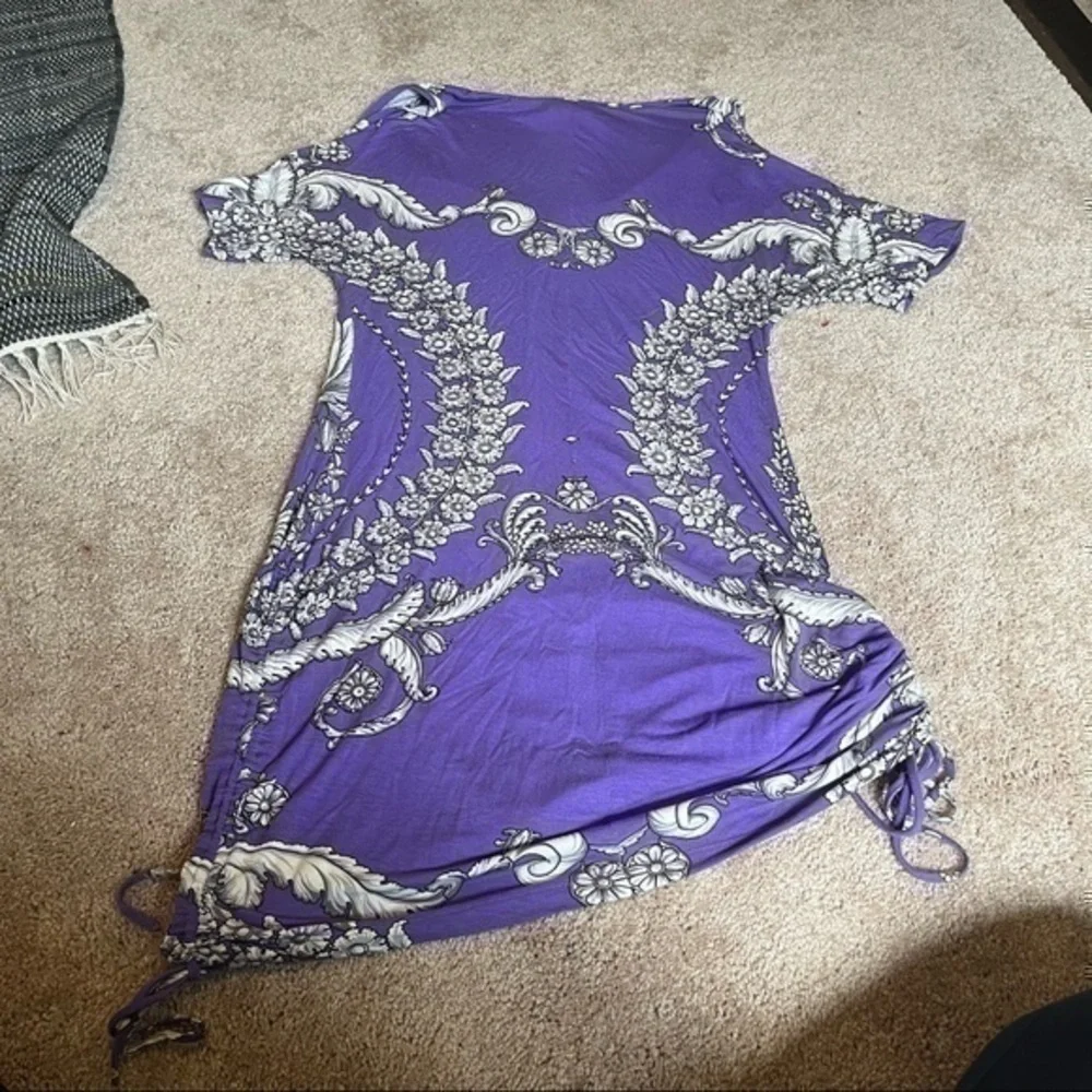 asymmetrical Yoana Baraschi Purple Baroque Print Cold Shoulder Ruched dress
